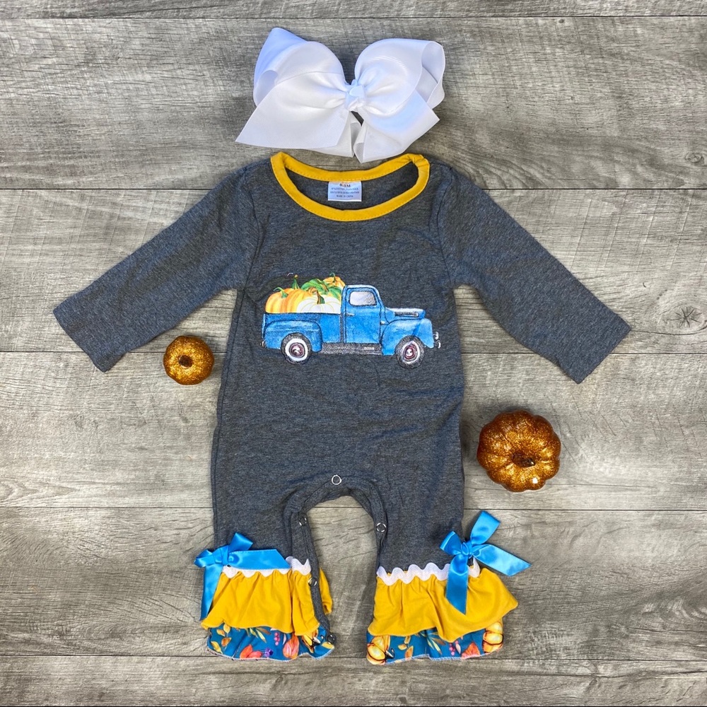 Girls boutique Pumpkin truck ruffle romper